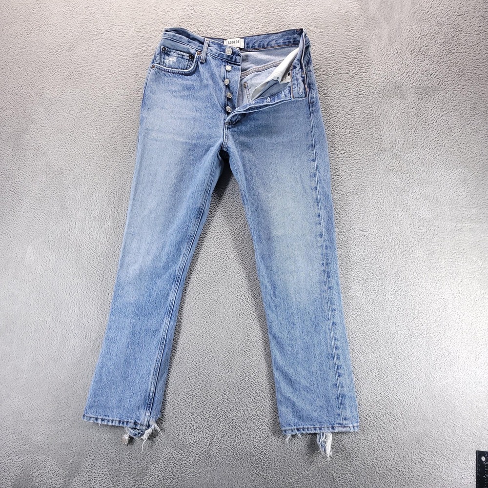 AGOLDE Jeans Womens 26 Blue Riley High Rise Straight Button Fly Distressed A056B